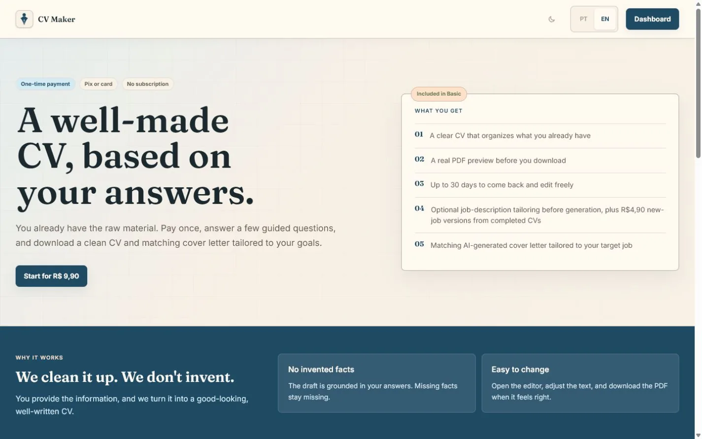 CV Maker homepage showing an overview of the product and its plans.